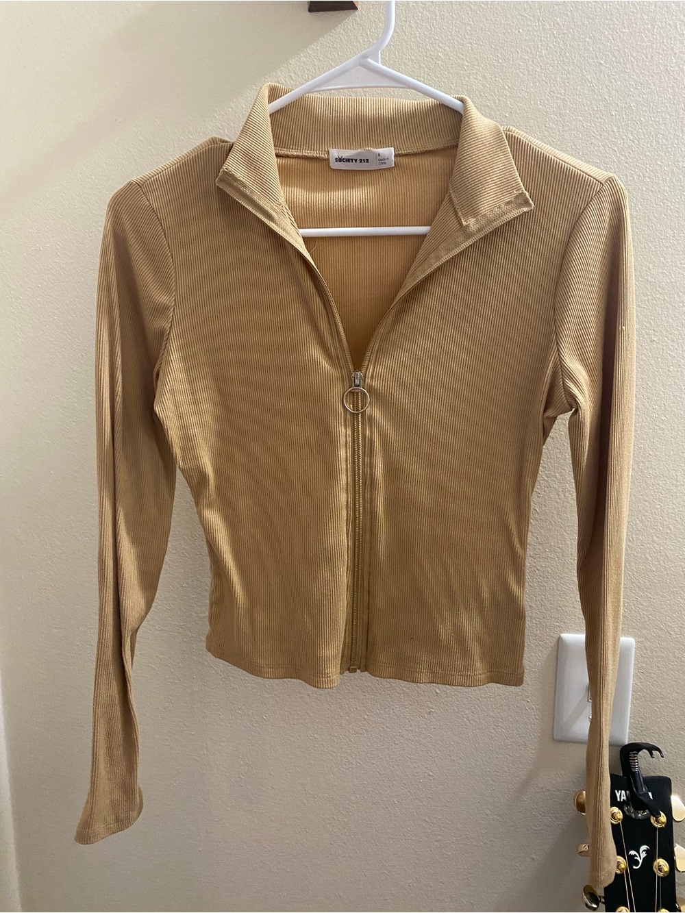 Society 212 Ribbed Zip-Front Long Sleeve Top - Camel